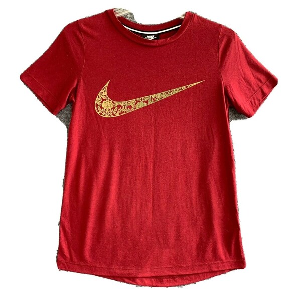 Nike Tee T-Shirt Women XS Dark Red Flower Swoosh Short Sleeve - Picture 1 of 8